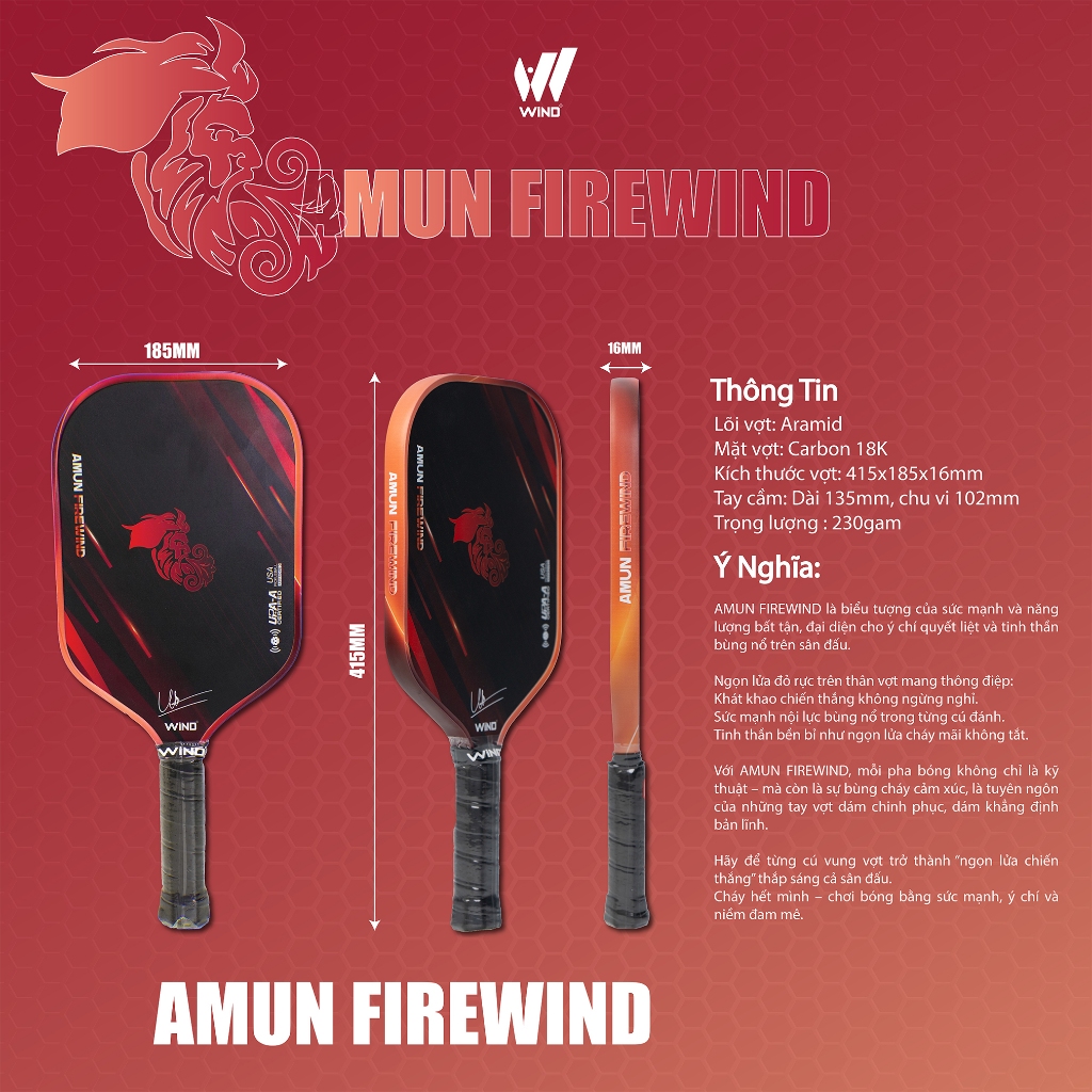 Vợt Pickleball WIND FIRE Chính Hãng - Full Carbon 18K Check NFC - Lõi Aramid Trợ Lực Mạnh, Kiểm Soát Tốt, Chuẩn Thi Đấu