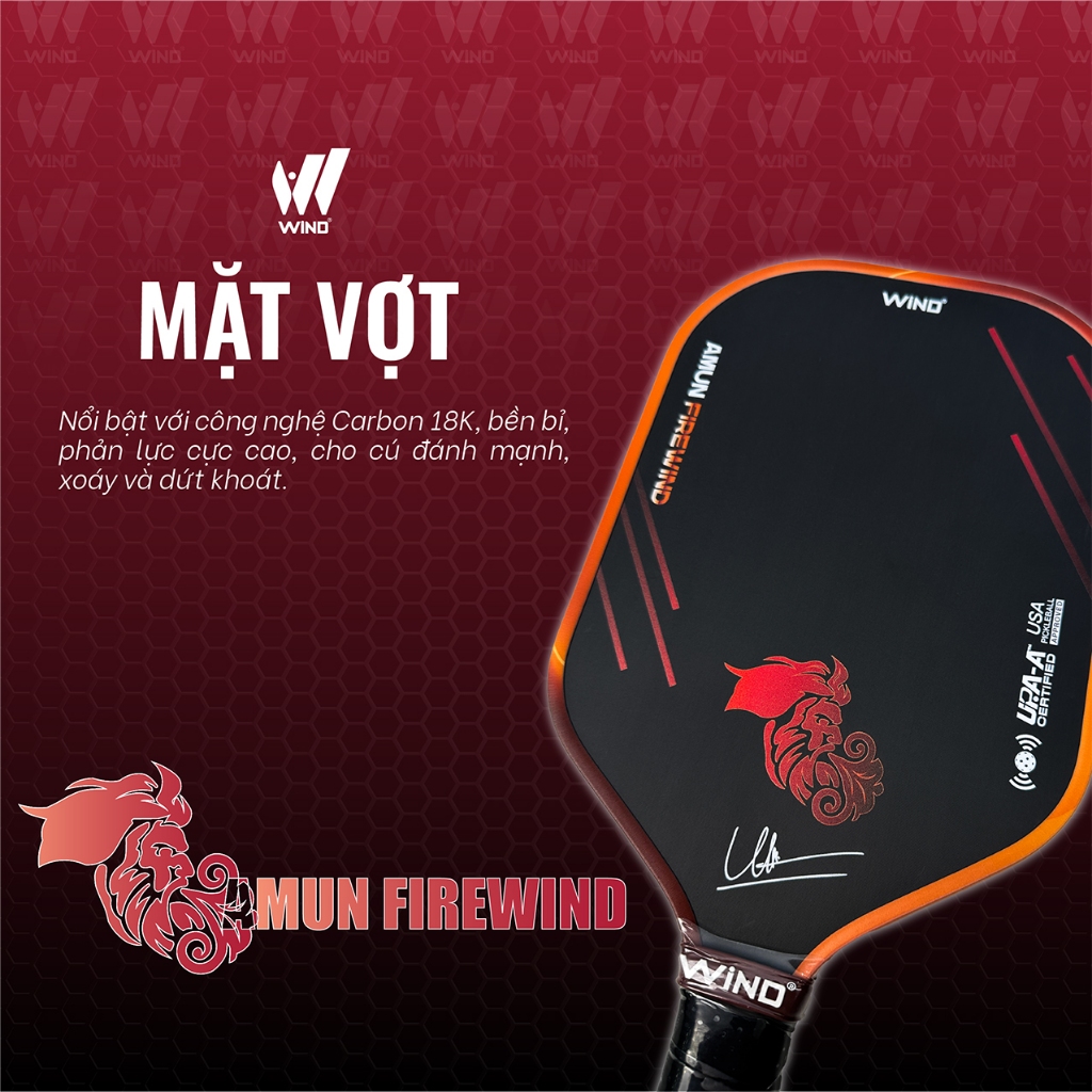 Vợt Pickleball WIND FIRE Chính Hãng - Full Carbon 18K Check NFC - Lõi Aramid Trợ Lực Mạnh, Kiểm Soát Tốt, Chuẩn Thi Đấu