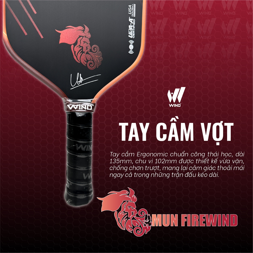 Vợt Pickleball WIND FIRE Chính Hãng - Full Carbon 18K Check NFC - Lõi Aramid Trợ Lực Mạnh, Kiểm Soát Tốt, Chuẩn Thi Đấu