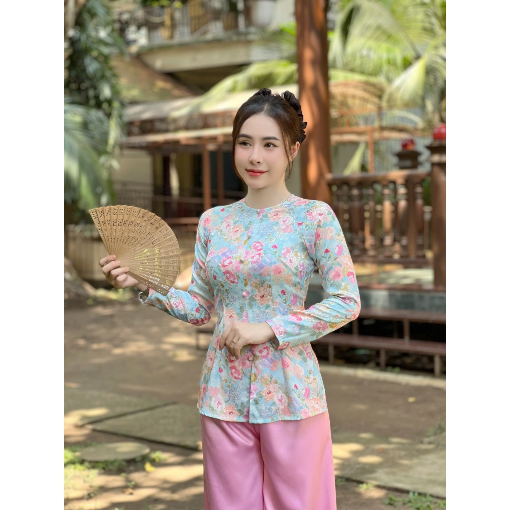 Hân Nguyễn Áo Bà Ba - B.A81 - ( FORM DÁNG DÀI ) Áo Bà Ba Hoạ Tiết Xinh Dây Kéo Tay Dài ( QUẦN NGỌC TRAI )