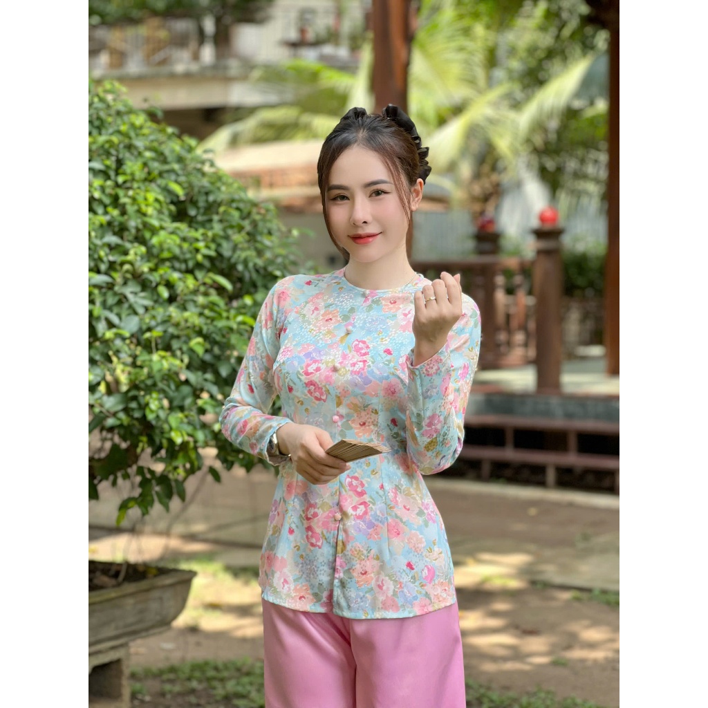 Hân Nguyễn Áo Bà Ba - B.A81 - ( FORM DÁNG DÀI ) Áo Bà Ba Hoạ Tiết Xinh Dây Kéo Tay Dài ( QUẦN NGỌC TRAI )