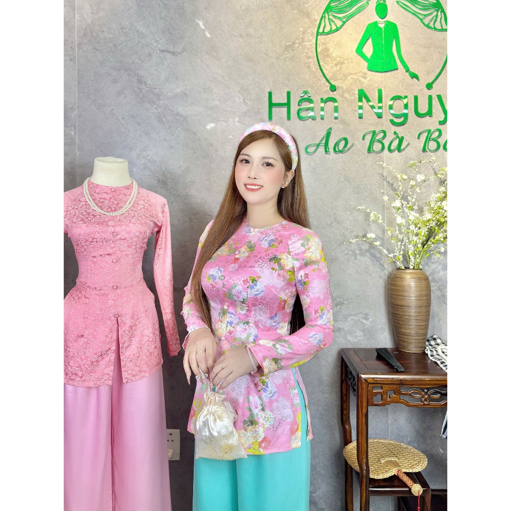Hân Nguyễn Áo Bà Ba - B.A160 - (FORM DÁNG DÀI) Áo Bà Ba Hoa Xinh Cổ Tròn Dây Kéo (Quần Ngọc Trai)