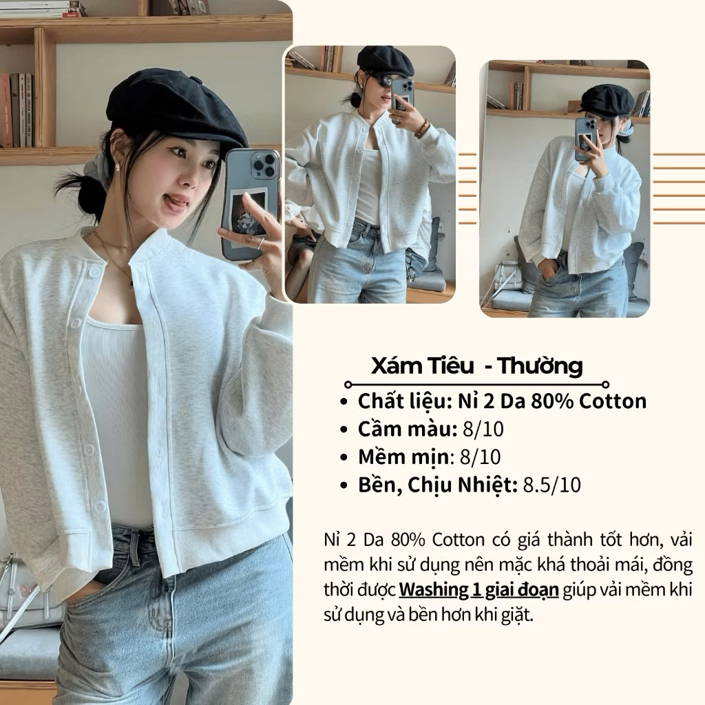 Áo Khoác Nỉ Nữ Cài Cúc Basic Áo Khoác Bomber Nhẹ 4 Mùa, Vải 2 Da Kiểu Dáng Tiểu Thư