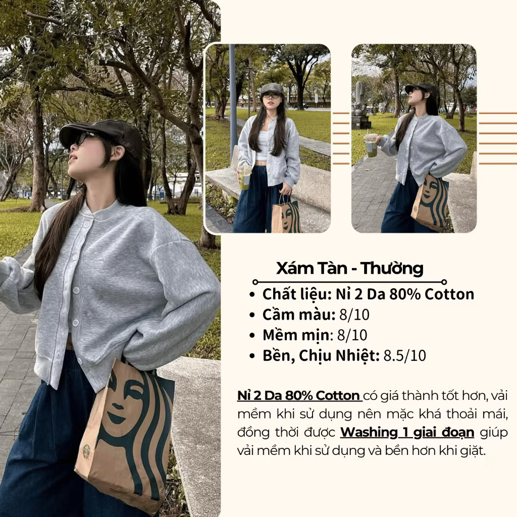 Áo Khoác Nỉ Nữ Cài Cúc Basic Áo Khoác Bomber Nhẹ 4 Mùa, Vải 2 Da Kiểu Dáng Tiểu Thư