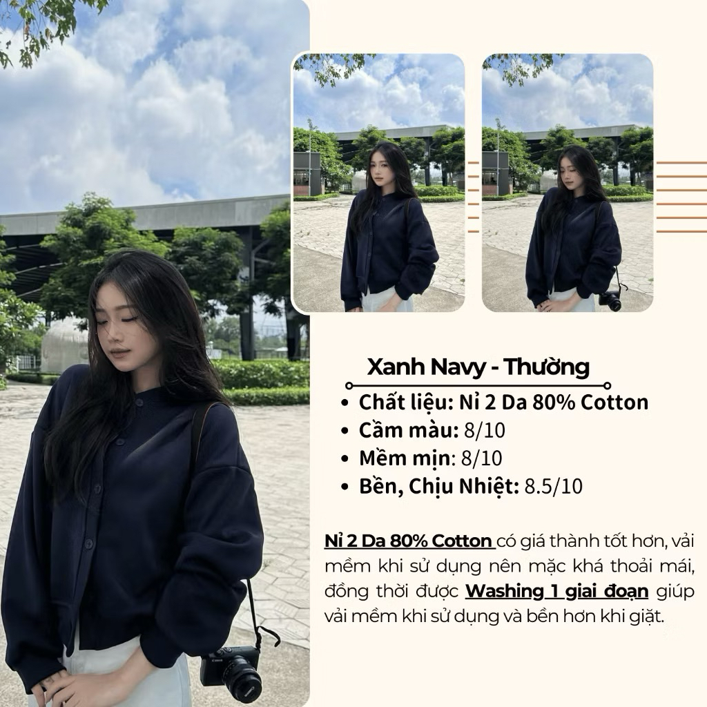 Áo Khoác Nỉ Nữ Cài Cúc Basic Áo Khoác Bomber Nhẹ 4 Mùa, Vải 2 Da Kiểu Dáng Tiểu Thư