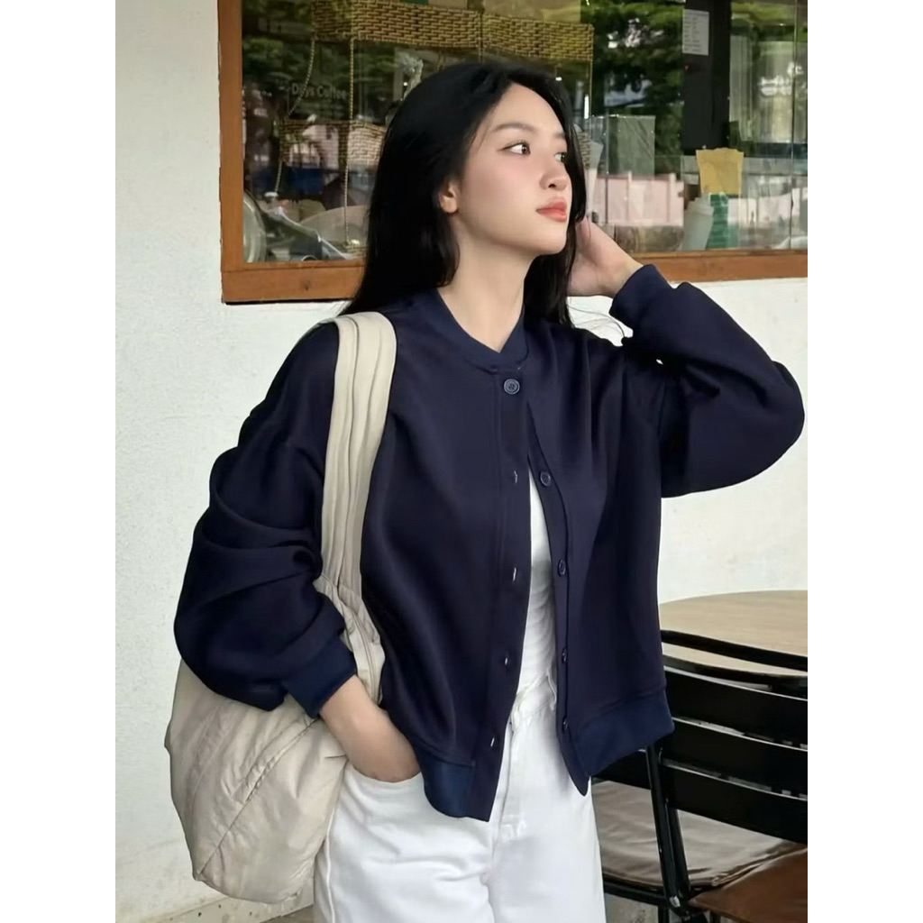 Áo Khoác Nỉ Nữ Cài Cúc Basic Áo Khoác Bomber Nhẹ 4 Mùa, Vải 2 Da Kiểu Dáng Tiểu Thư