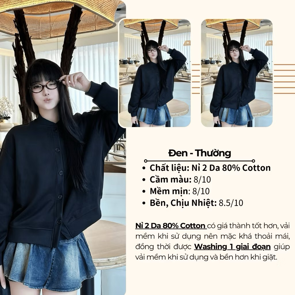 Áo Khoác Nỉ Nữ Cài Cúc Basic Áo Khoác Bomber Nhẹ 4 Mùa, Vải 2 Da Kiểu Dáng Tiểu Thư