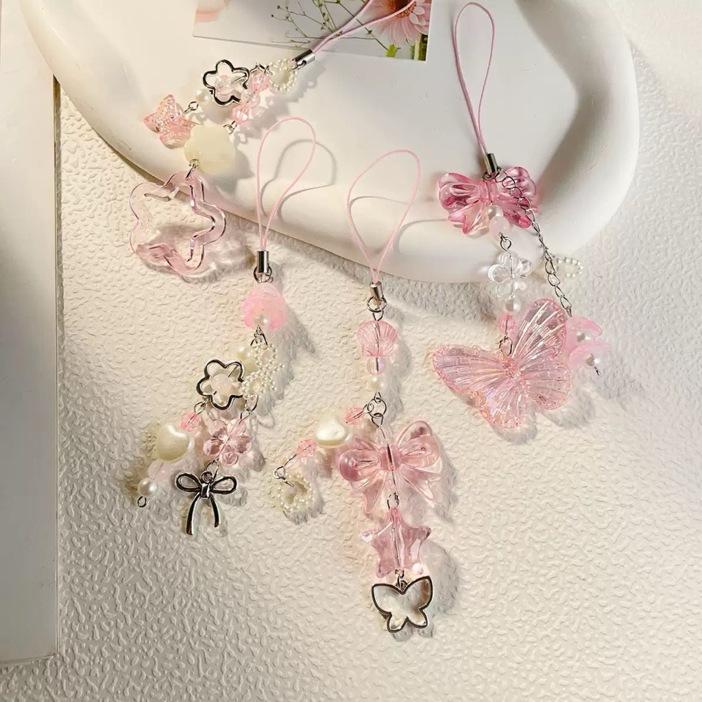 Dây Treo Điện Thoại Nơ Bướm Hồng Ngọt Ngào – Móc Khóa Đính Hạt Xinh Xắn Phong Cách Cute