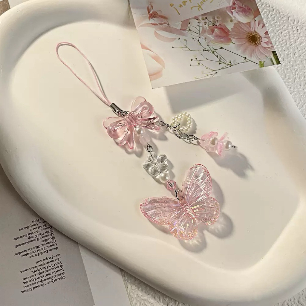 Dây Treo Điện Thoại Nơ Bướm Hồng Ngọt Ngào – Móc Khóa Đính Hạt Xinh Xắn Phong Cách Cute