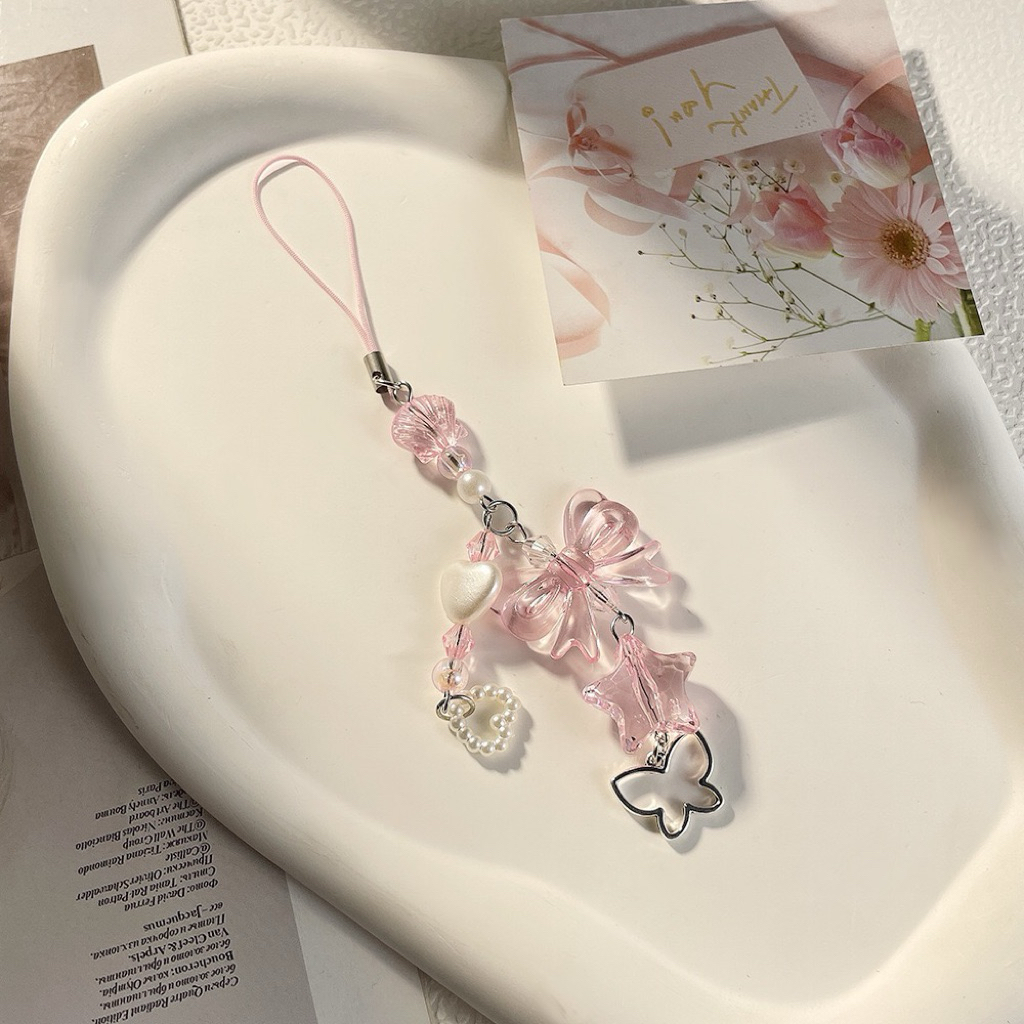 Dây Treo Điện Thoại Nơ Bướm Hồng Ngọt Ngào – Móc Khóa Đính Hạt Xinh Xắn Phong Cách Cute