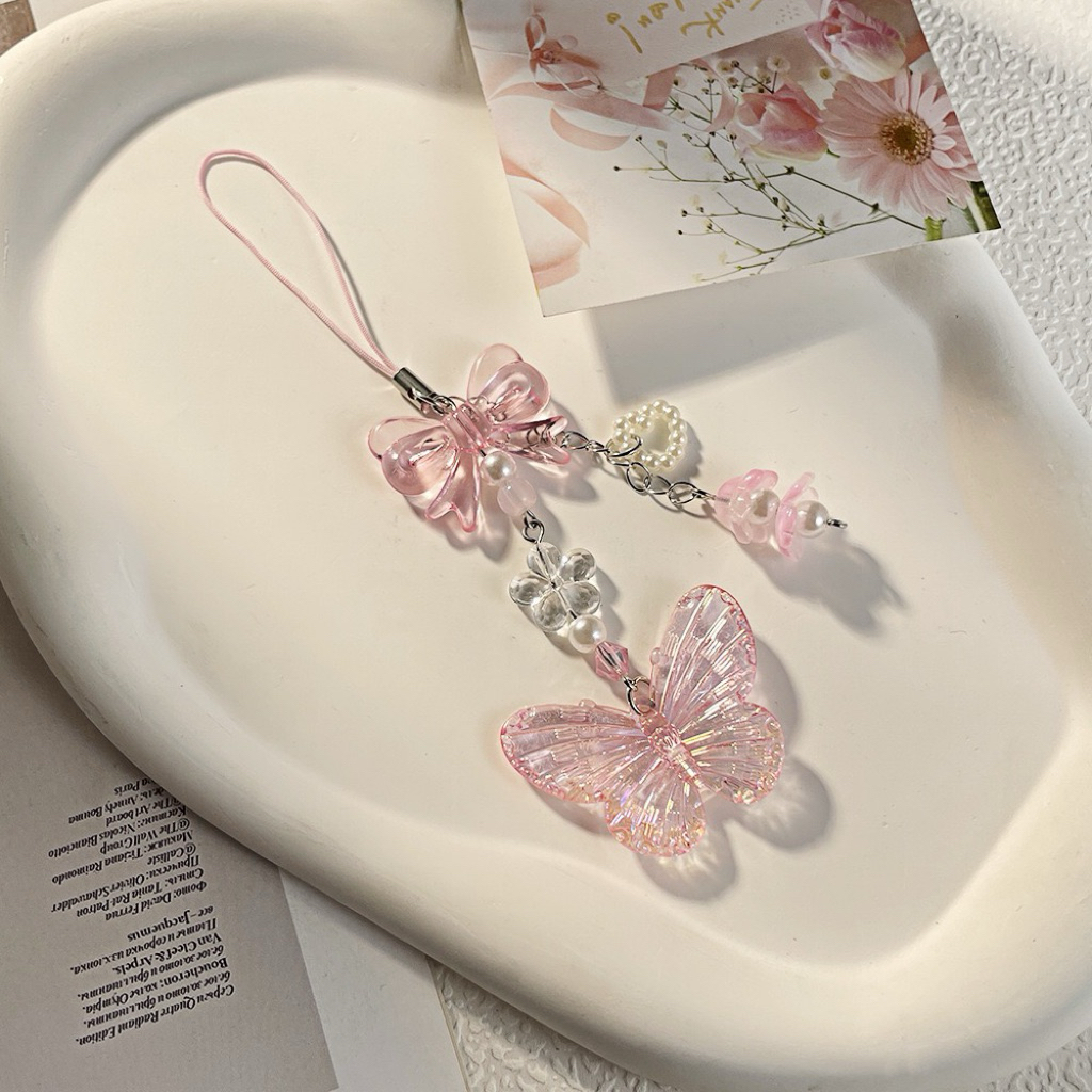 Dây Treo Điện Thoại Nơ Bướm Hồng Ngọt Ngào – Móc Khóa Đính Hạt Xinh Xắn Phong Cách Cute