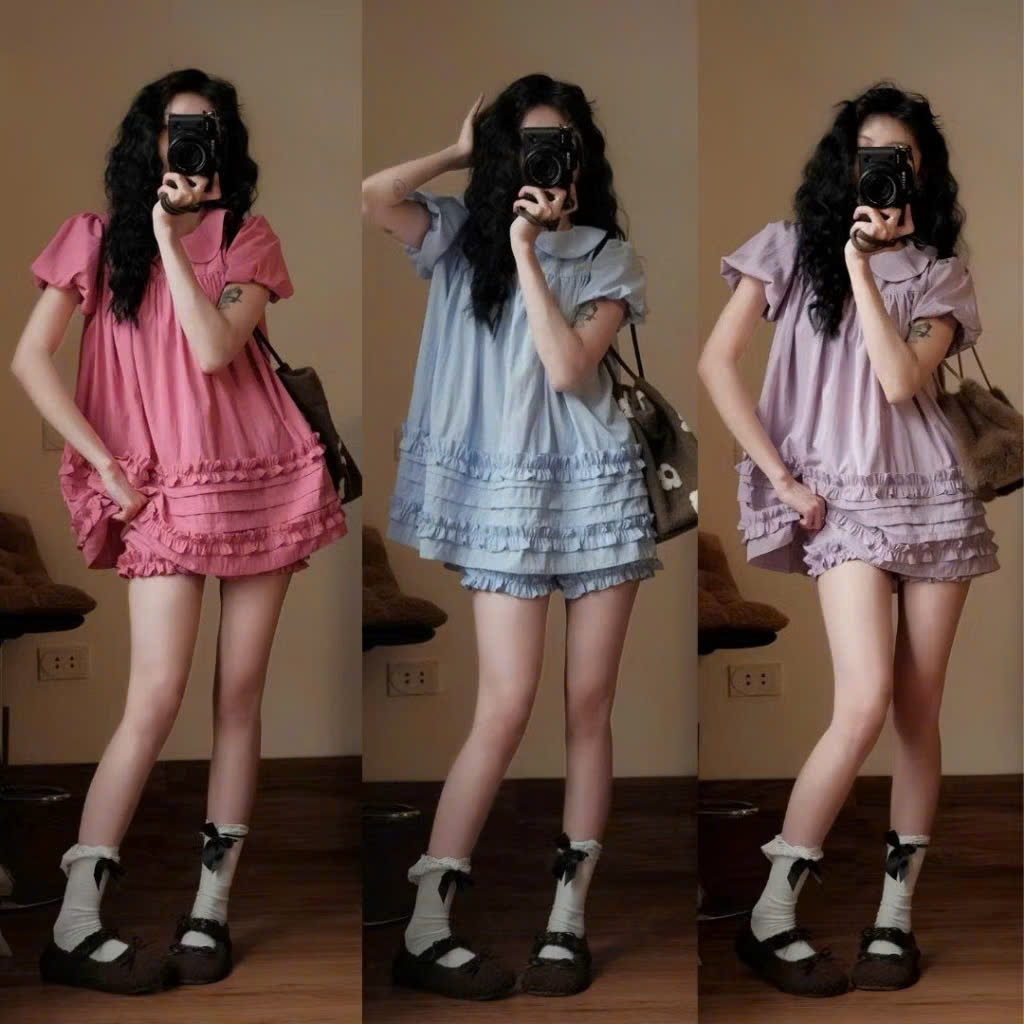 Áo Váy Babydoll Cổ Sen 2 Lớp Form Rộng Gấu Bèo Kèm Quần Bí – Set Du Lịch Mùa Hè Dễ Thương, Thoáng Mát Joolate