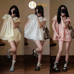 Set Áo Váy Babydoll Hari Cổ Sen 2 Lớp Form Rộng Gấu Viền Bèo Bo Chun