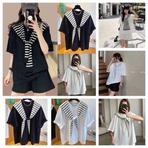 Áo Phông Cộc Tay Nữ Tính Quàng Khăn Kẻ Sọc Chất Cotton 4 Chiều Mềm Mát Cao Cấp