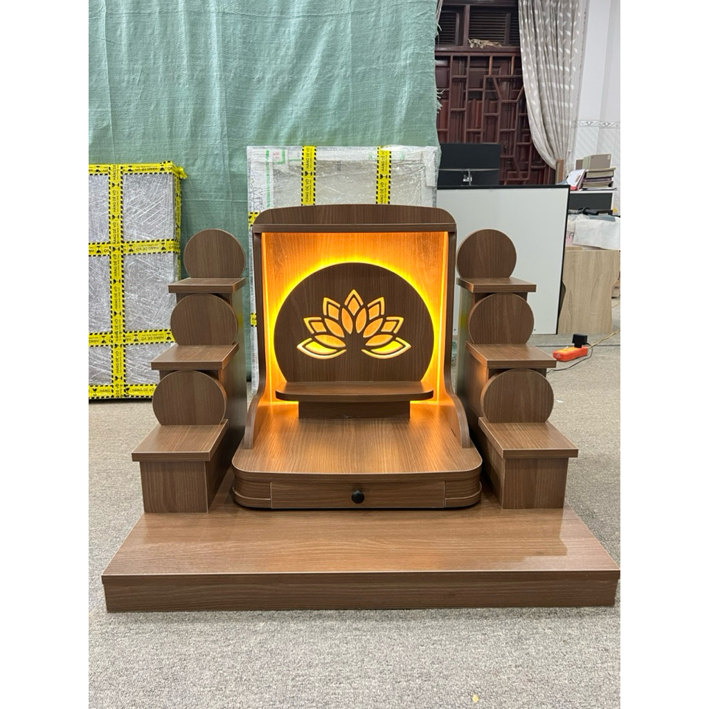 ( Có Đèn Led Sẵn ) TRỌN BỘ BÀN THỜ THẦN TÀI THỔ ĐỊA HOA SEN NHỌN MÀU NÂU
