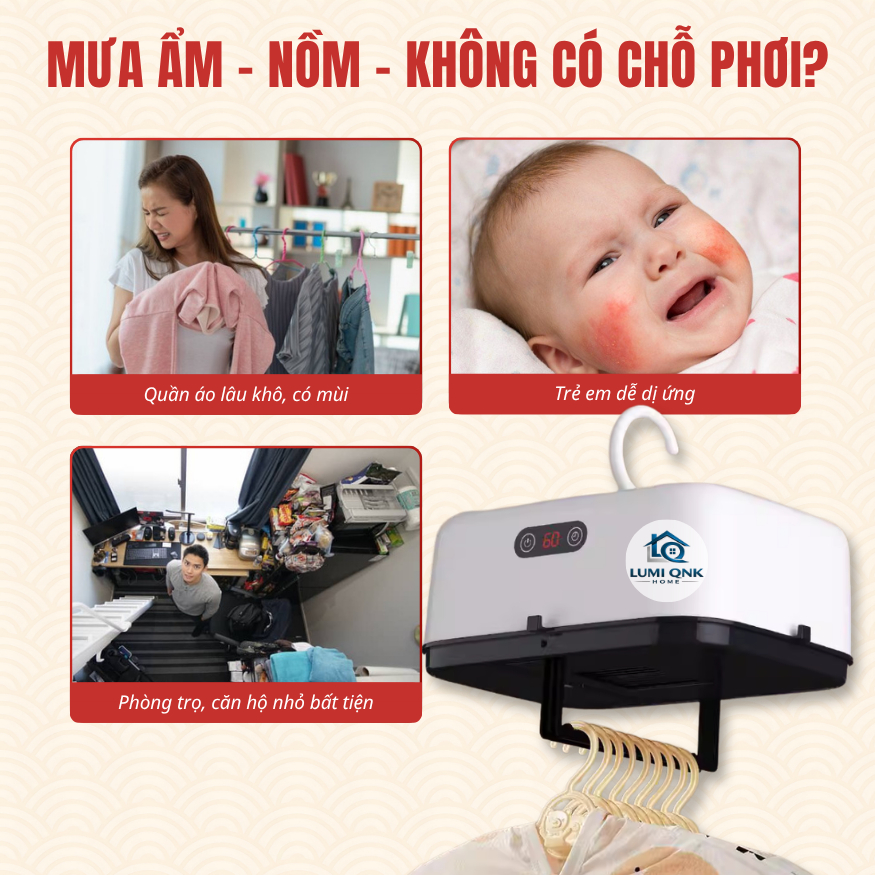 Máy Sấy Quần Áo Chính Hãng LUMI QNK HOME Thiết Kế Gấp Gọn Tích Hợp Sưởi Ấm Mini An Toàn Cho Gia Đình