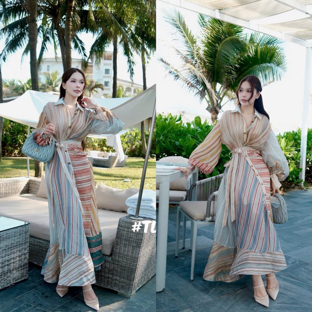 Đầm ZMM kẻ tay bồng thắt chéo eo