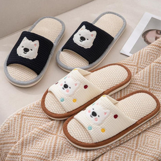 Dép đi trong nhà nam nữ vải lanh họa tiết hình chó mini dễ thương, đế bám sàn chống trơn trượt