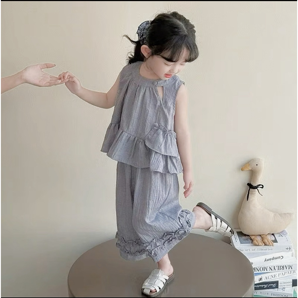 Set bộ đũi trơn áo thiết kế độc đáo kết hợp quần suông bèo xinh xắn cho bé gái ST3 Violakids