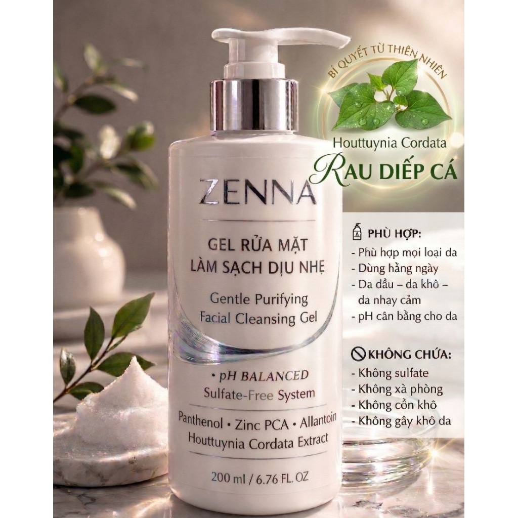Gel rửa mặt làm sạch dịu nhẹ Zenna. Gentle Purifying Facial Cleansing Gel 100ml