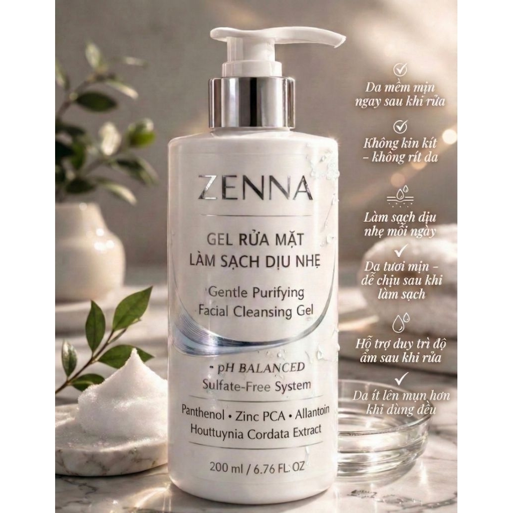 Gel rửa mặt làm sạch dịu nhẹ Zenna. Gentle Purifying Facial Cleansing Gel 100ml