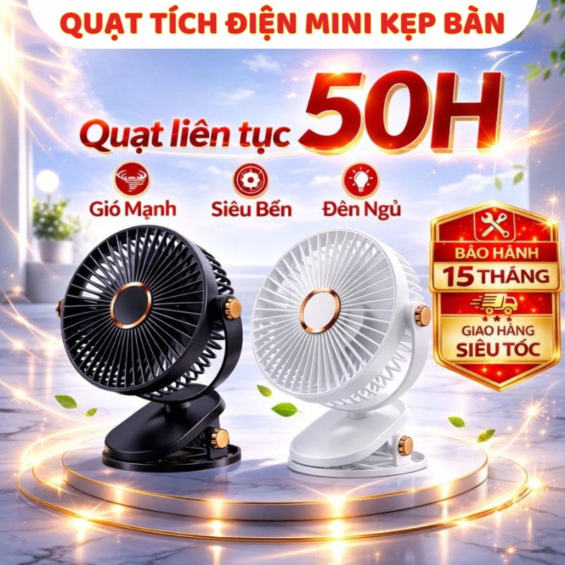 Quạt Tích Điện Mini Kẹp Bàn 5 Tốc Độ Gió, Làm Mát Cực Nhanh, Hoạt Động Mạnh Mẽ, Không Gây Tiếng Ồn