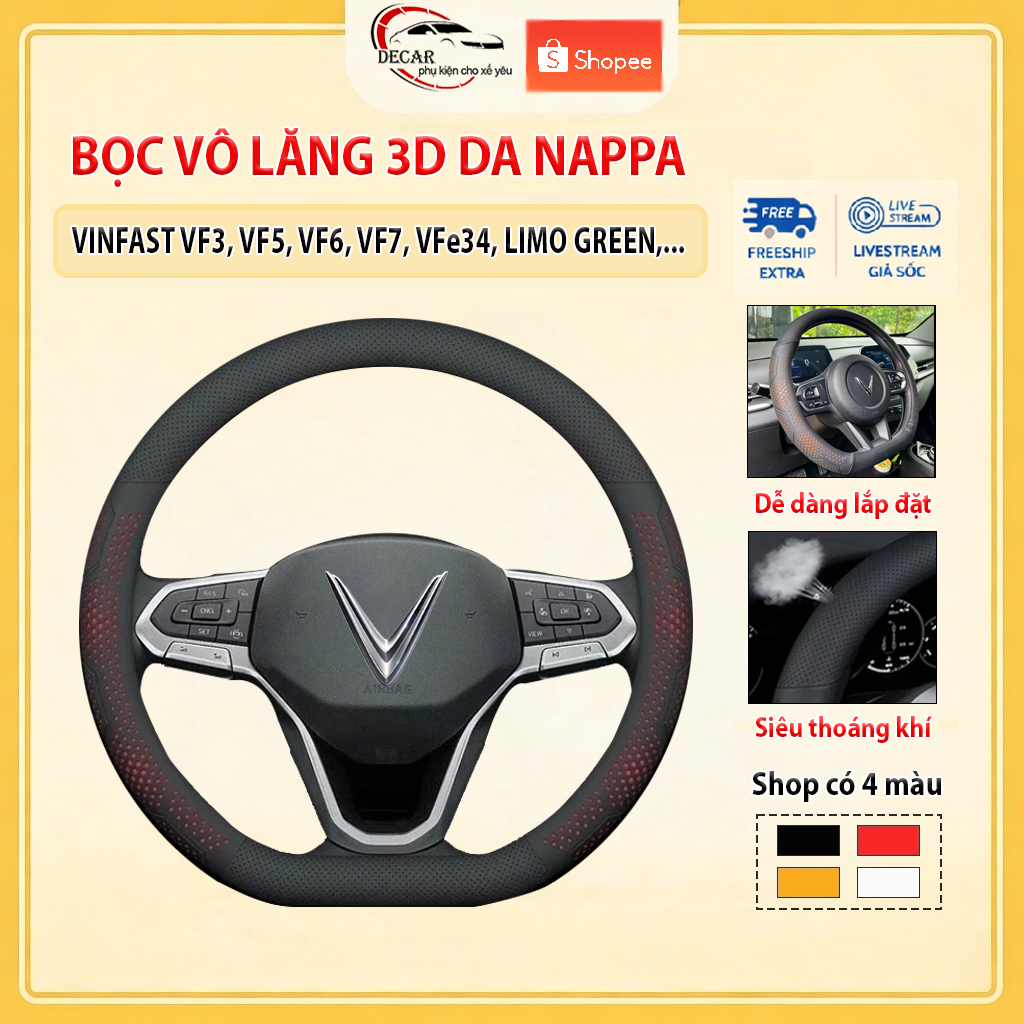 Bọc Vô Lăng Ô Tô 3D Da Nappa Cao Cấp, Siêu Mỏng Dáng DCUT xe Vinfast Limo Green, VF3, VF5, VF6, VF7, VF8, VF9, VFe34