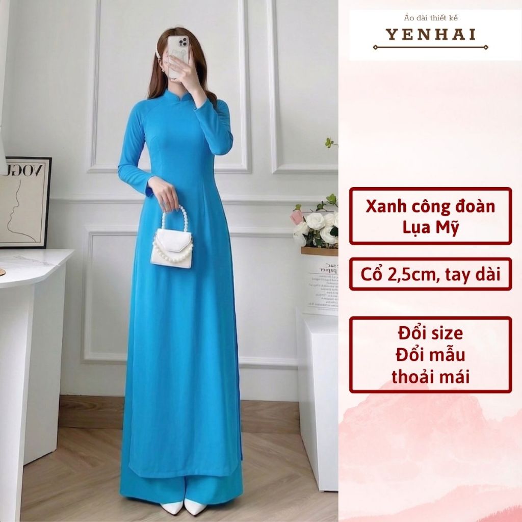 Áo dài truyền thống lụa mỹ màu xanh công đoàn thiết kế cổ cao tay dài