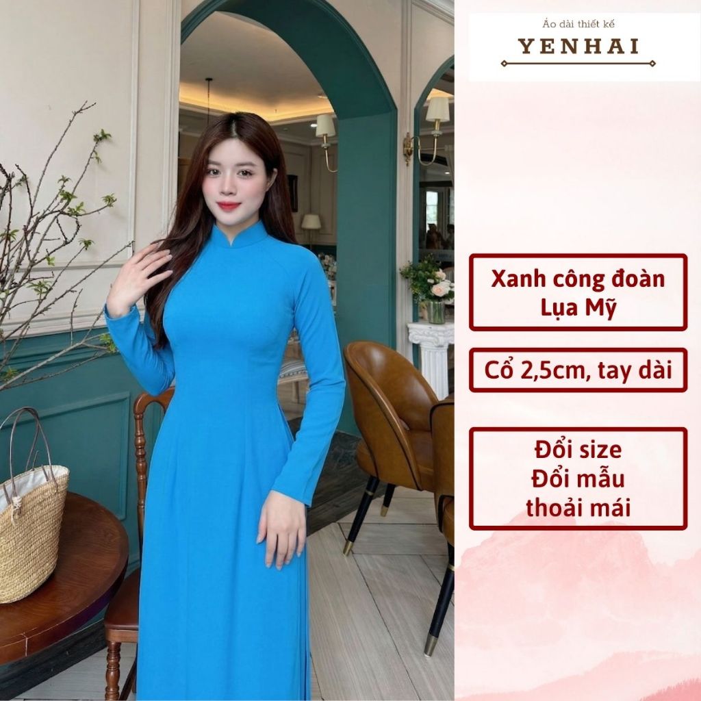 Áo dài truyền thống lụa mỹ màu xanh công đoàn thiết kế cổ cao tay dài