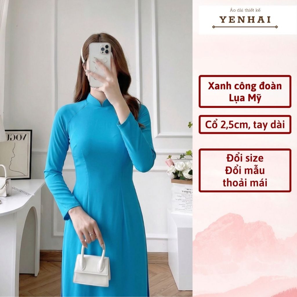 Áo dài truyền thống lụa mỹ màu xanh công đoàn thiết kế cổ cao tay dài