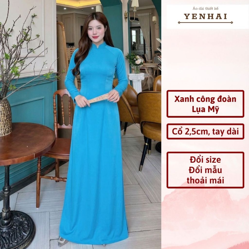Áo dài truyền thống lụa mỹ màu xanh công đoàn thiết kế cổ cao tay dài