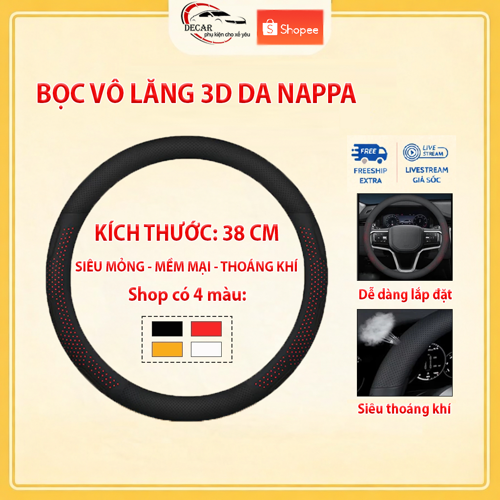 Bọc Vô Lăng Ô Tô 3D Da Nappa Cao Cấp, Siêu Mỏng, Thoáng Khí, Chống Trượt Cho Xe Toyota, Honda, Mazda, Hyundai, Kia 38cm