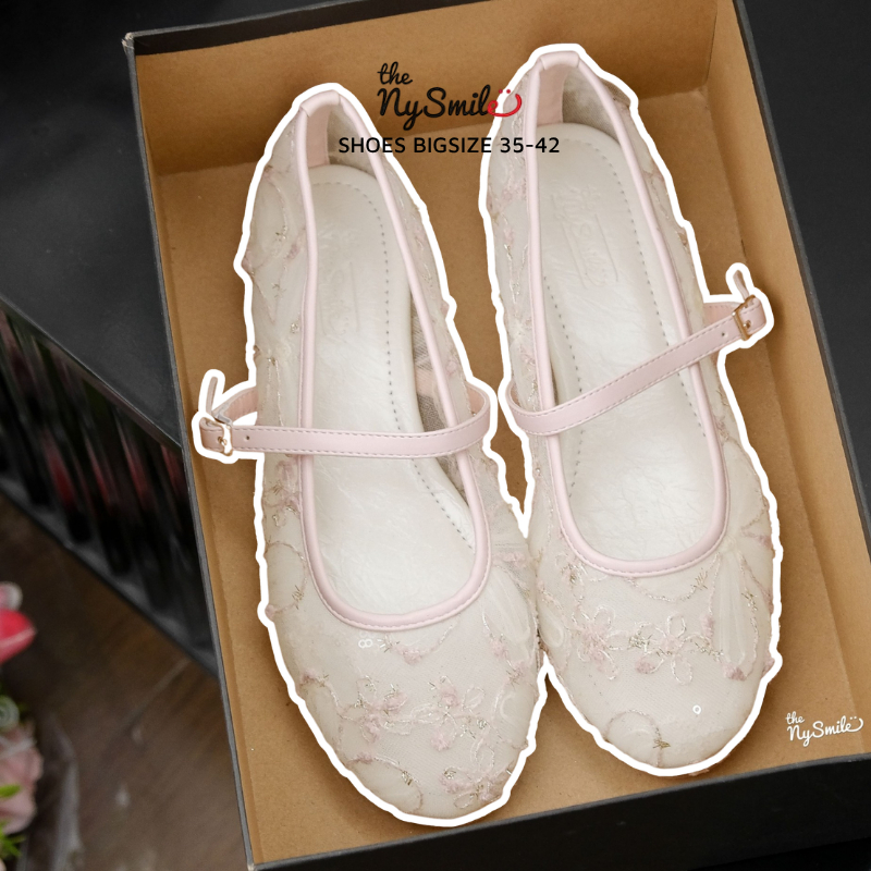 Giày búp bê 1cm BIGSIZE 35-42  Búp bê nữ 1p phối ren trắng kiểu Hàn có quai, xinh xắn đi học đi chơi - THENYSMILE - ZENO