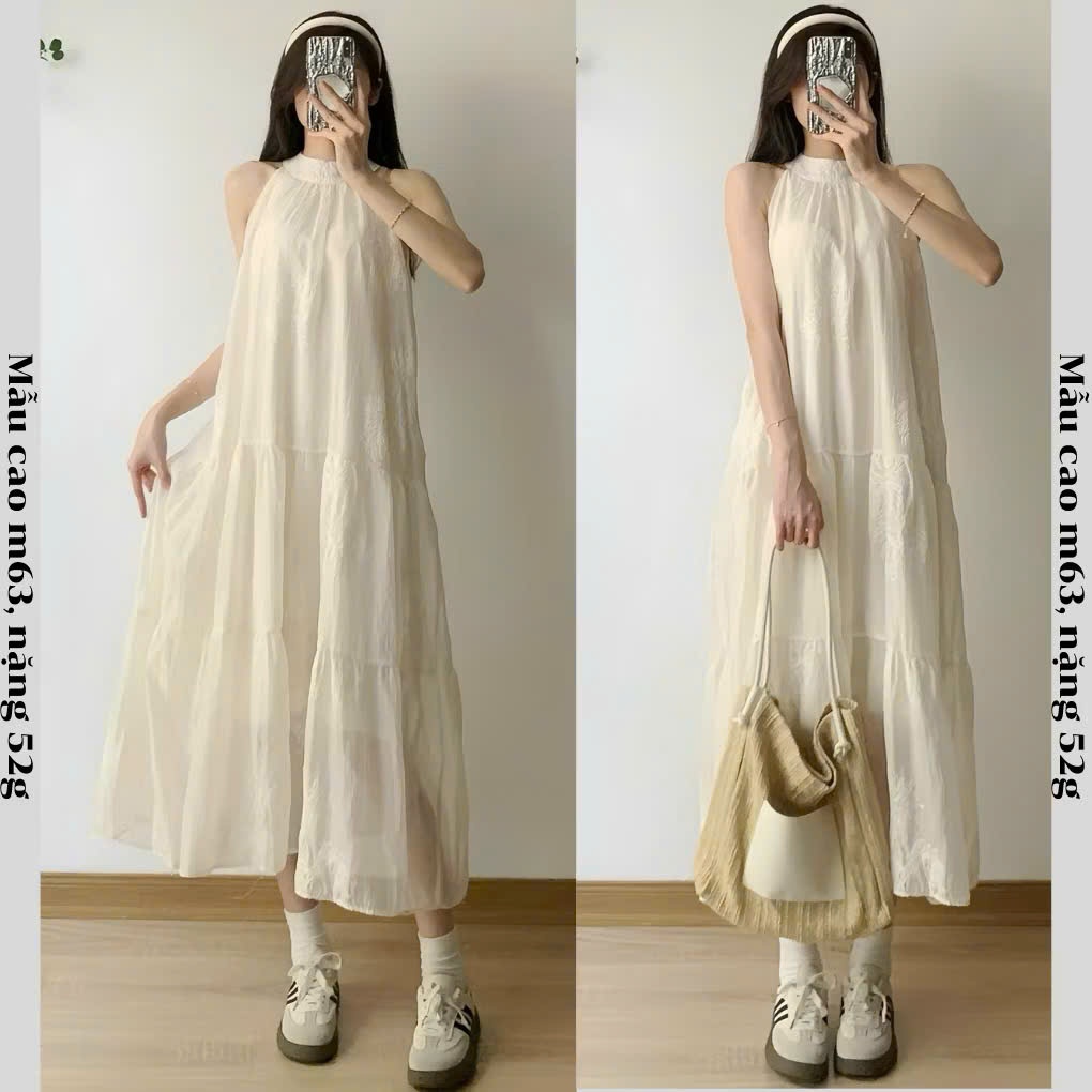 Váy maxi đi biển chất vải voan thêu hoa, phom to đẹp Joolate_ Váy sát nách hè váy du lịch