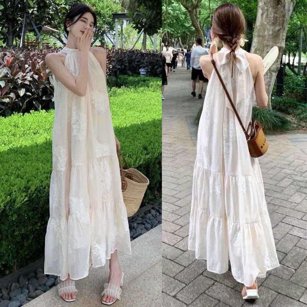 Váy maxi đi biển chất vải voan thêu hoa, phom to đẹp Joolate_ Váy sát nách hè váy du lịch