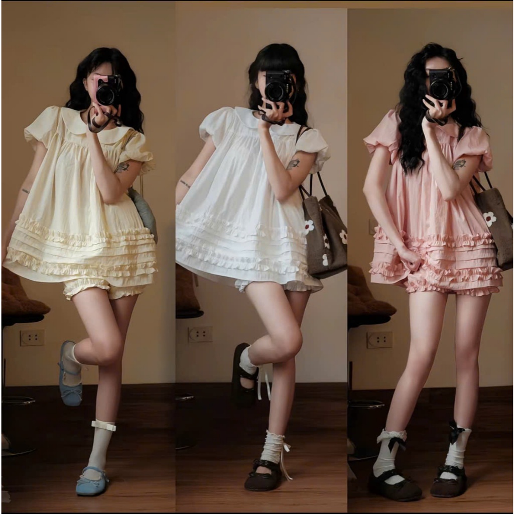 Áo Váy Babydoll Cổ Sen 2 Lớp Form Rộng Gấu Bèo Kèm Quần Bí – Set Du Lịch Mùa Hè Dễ Thương, Thoáng Mát Joolate