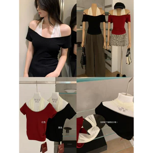 WGWE | Áo thun trễ vai phối cổ yếm, dáng ôm tôn dáng – W9140#