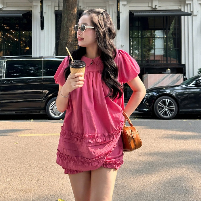 Áo Váy Babydoll Cổ Sen 2 Lớp Form Rộng Gấu Bèo Kèm Quần Bí – Set Du Lịch Mùa Hè Dễ Thương, Thoáng Mát Joolate