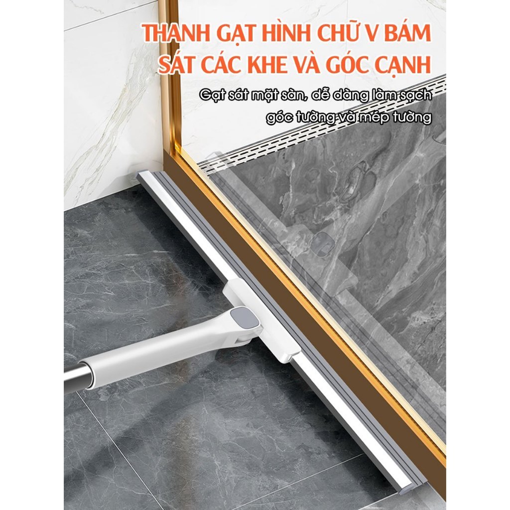 Cây Gạt Nước Sàn Nhà Tắm, Đầu Silicone Xoay 180°, Cán Inox, Gạt Nước Và Quét Bụi Tóc TitiHome