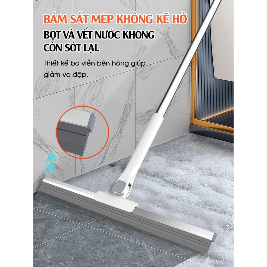 Cây Gạt Nước Sàn Nhà Tắm, Đầu Silicone Xoay 180°, Cán Inox, Gạt Nước Và Quét Bụi Tóc TitiHome