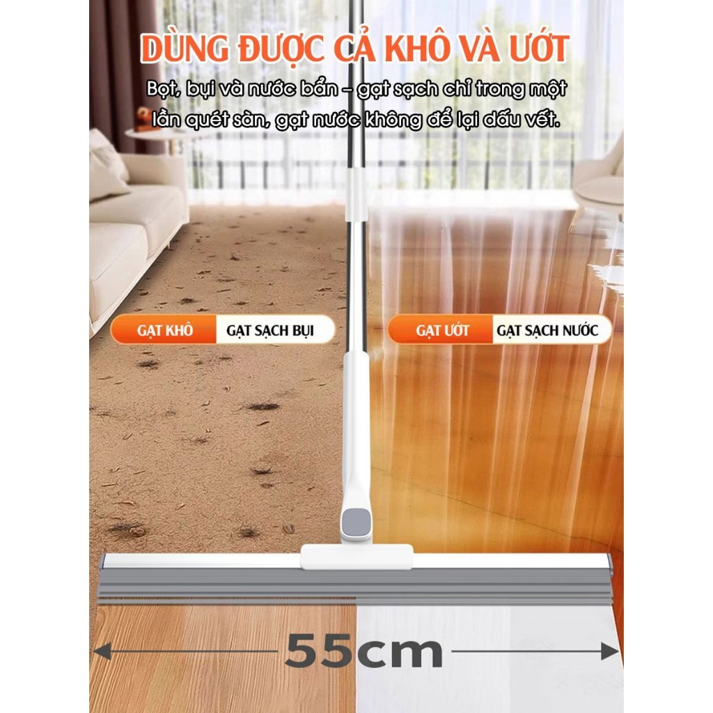 Cây Gạt Nước Sàn Nhà Tắm, Đầu Silicone Xoay 180°, Cán Inox, Gạt Nước Và Quét Bụi Tóc TitiHome