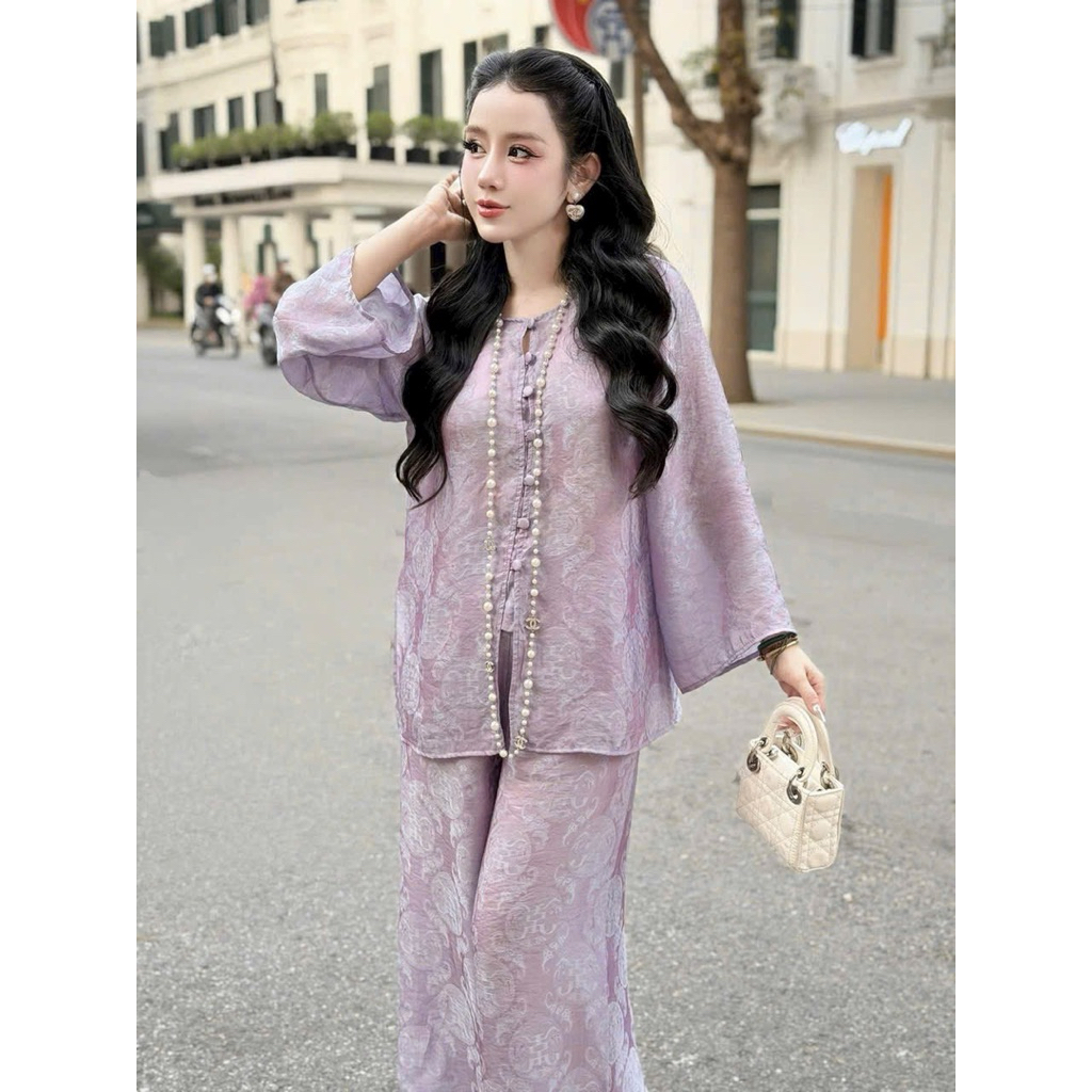 Bộ đi chùa bà ba cách tân cổ tròn lụa gấm tằm Tency Pháp phục lễ chùa đính cúc bọc Thanh lịch | Đồ Lam An Nhiên