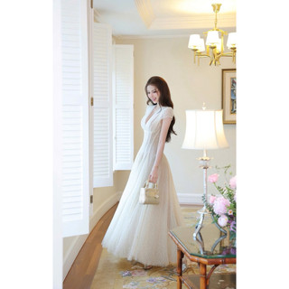 Váy Ren Cổ V Tay Cộc Dáng Dài Xoè Chouchou, Váy Đầm Đi Tiệc Cộc Tay Chiết Eo Xoè Dài
