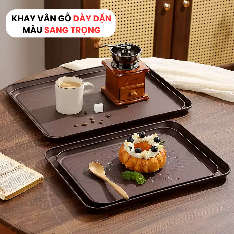 Combo Khay nhựa giả vân gỗ chữ nhật decor quán, khay úp cốc vân gỗ trang trí, phù hợp quán Cafe TitiHome