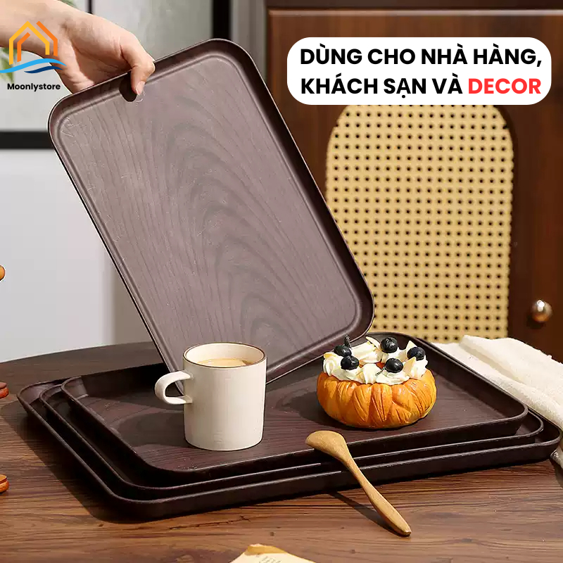 Combo Khay nhựa giả vân gỗ chữ nhật decor quán, khay úp cốc vân gỗ trang trí, phù hợp quán Cafe TitiHome