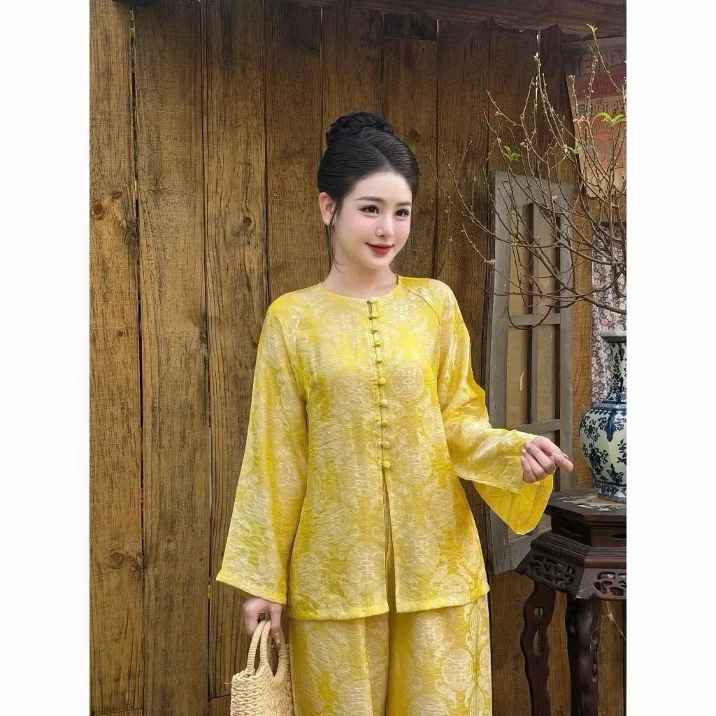 Bộ pháp phục dành cho nữ cổ tròn cúc bọc from dáng thiết kế chất liệu LỤA TẰM ÁNH KIM | Đồ Lam An Nhiên