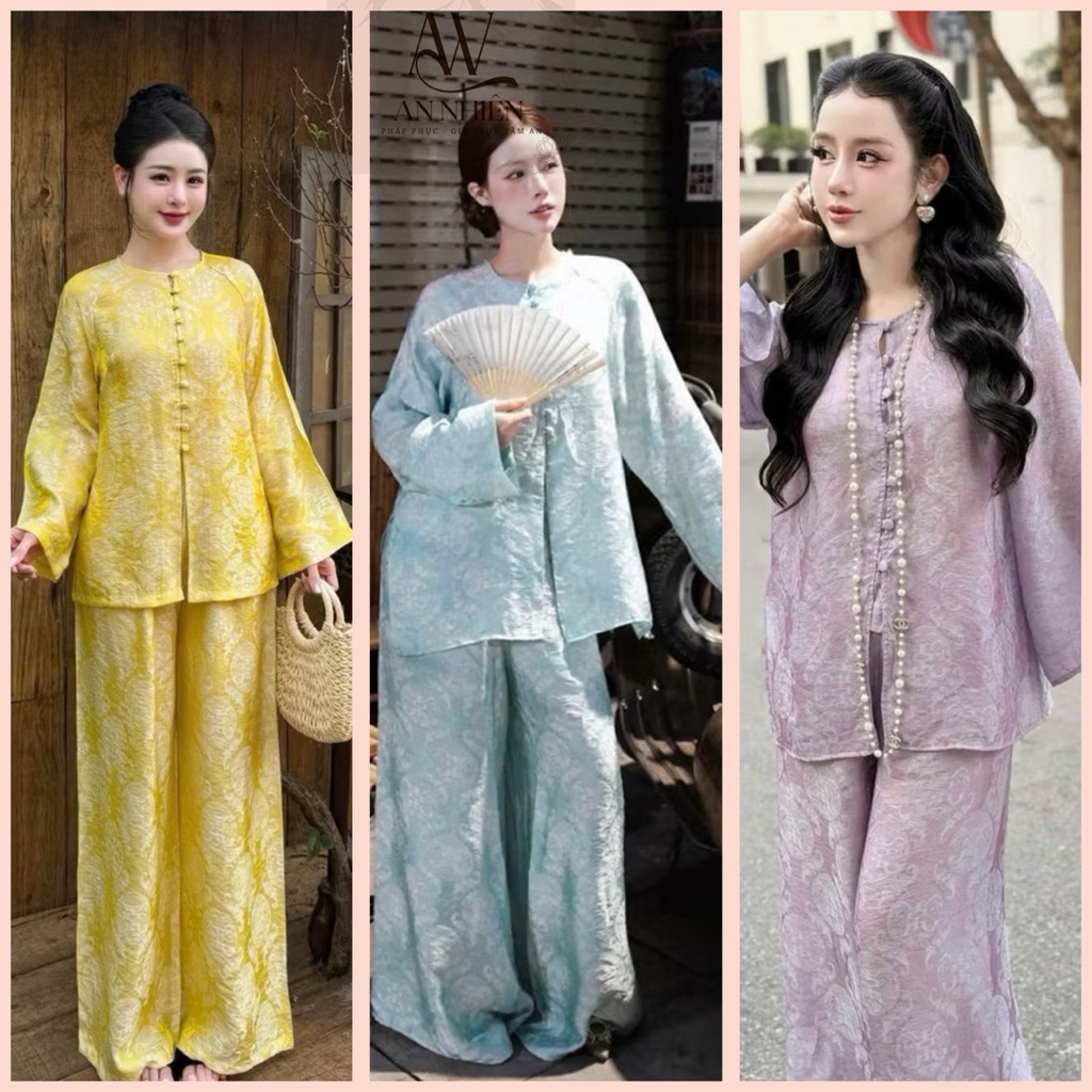 Bộ pháp phục dành cho nữ cổ tròn cúc bọc from dáng thiết kế chất liệu LỤA TẰM ÁNH KIM | Đồ Lam An Nhiên