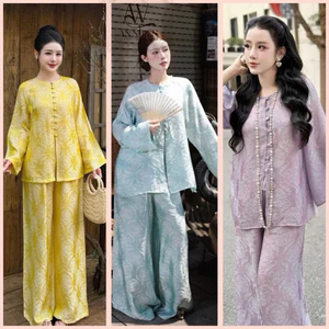 Bộ pháp phục dành cho nữ cổ tròn cúc bọc from dáng thiết kế chất liệu LỤA TẰM ÁNH KIM | Đồ Lam An Nhiên