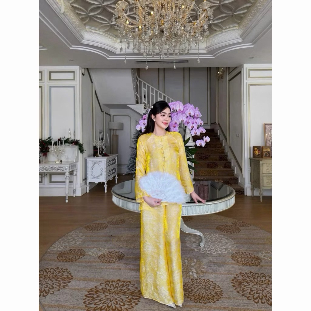 Bộ pháp phục dành cho nữ cổ tròn cúc bọc from dáng thiết kế chất liệu LỤA TẰM ÁNH KIM | Đồ Lam An Nhiên