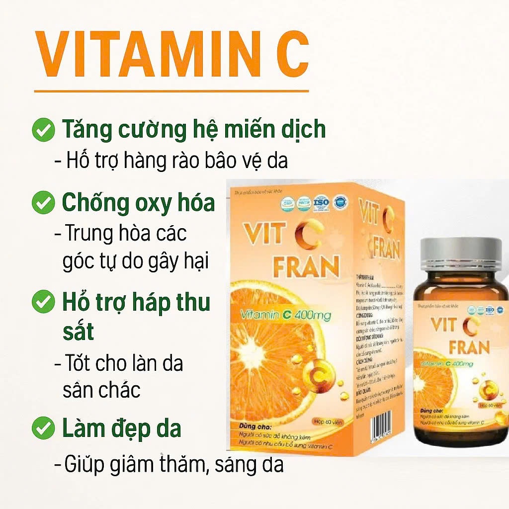 ✅ [Chính Hãng] Viên uống trắng da Vitamin C VIT C FRAN Hộp 60 Viên ✅ Làm đẹp sáng da chống lão hóa làm mờ vết thâm nám
